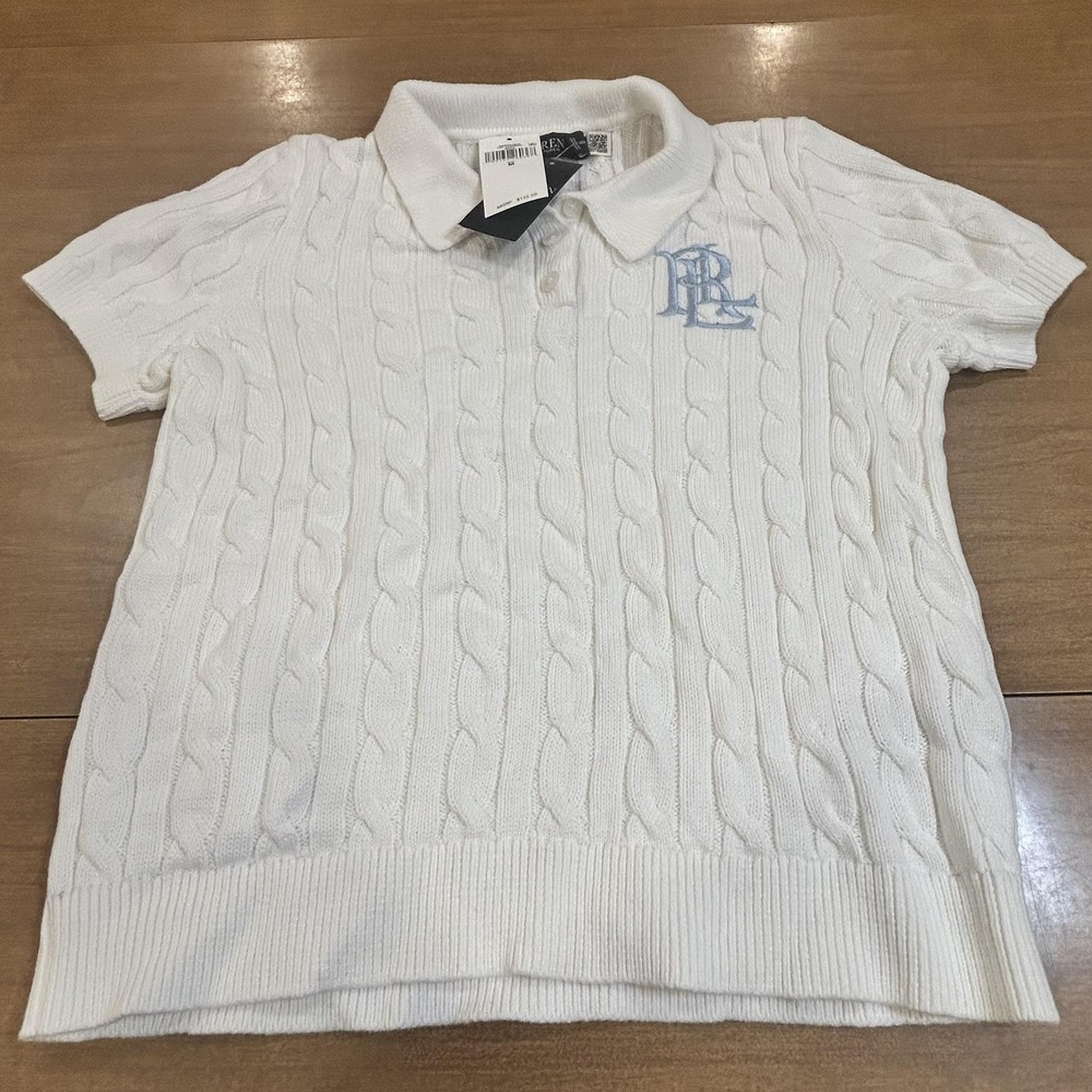 Lauren Ralph Lauren Sweater Womens Medium White Cable Knit Polo Short Sleeve